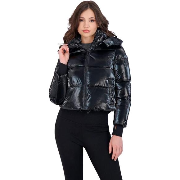 BCBGMaxAzria Jackets & Blazers - NWT BCBGMAXAZRIA Metallic Quilted Cropped Puffer Coat Hood Women's M Black